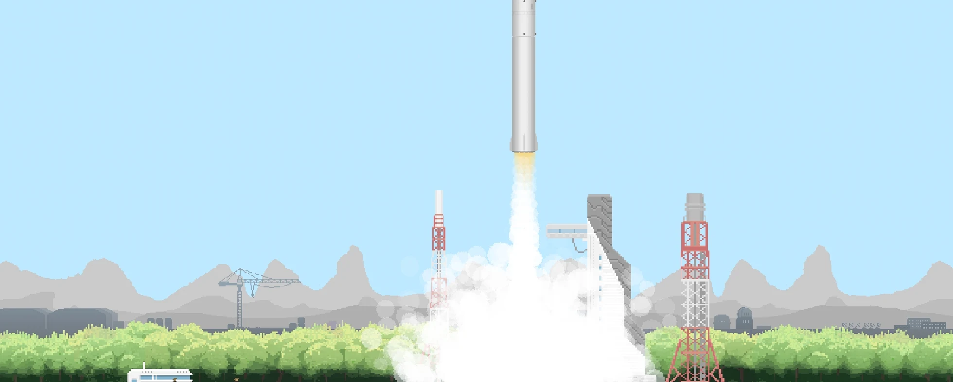 A rocket lifting off from a pixel-art launch pad in Tiny Space Program